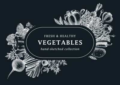 Hand-sketched vegetables design. Hand-drawn tomatoes, squashes, peppers, potatoes, asparagus and other vegetables. Healthy food banner for menu, restaurant, packaging, labels. Botanical illustration